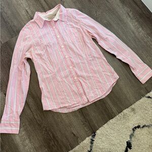 LL Bean Womens Striped Button Down Shirt Pink White Cotton Blend Small Reg